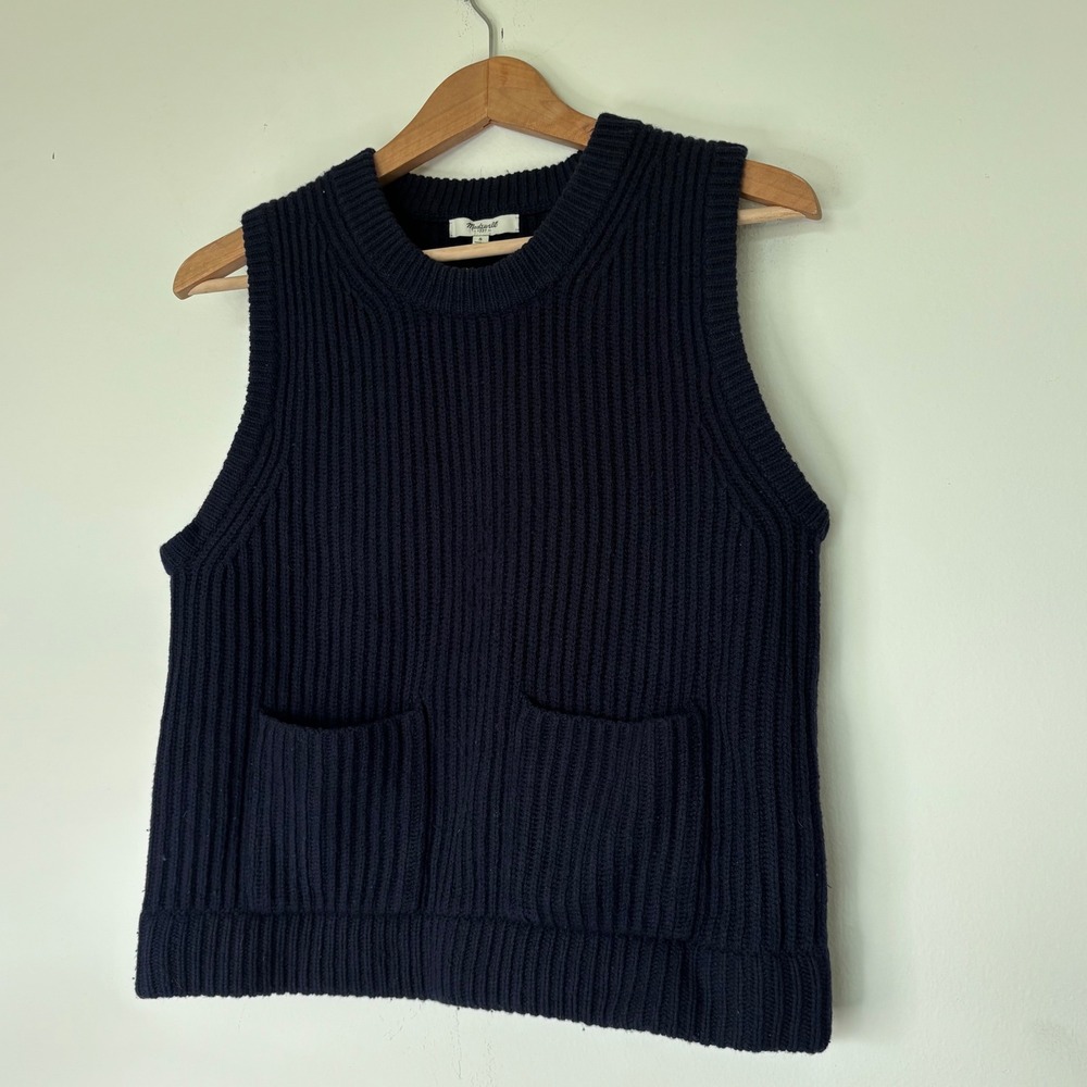 Madewell Merino 100% Wool‎ Ribbed Sweater Vest Pocket Navy Blue Size Small
